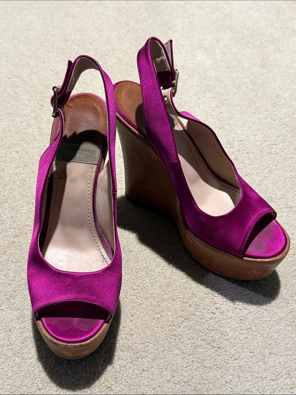 Baldan Bright Pink Satin Wedge Slingback Sandals